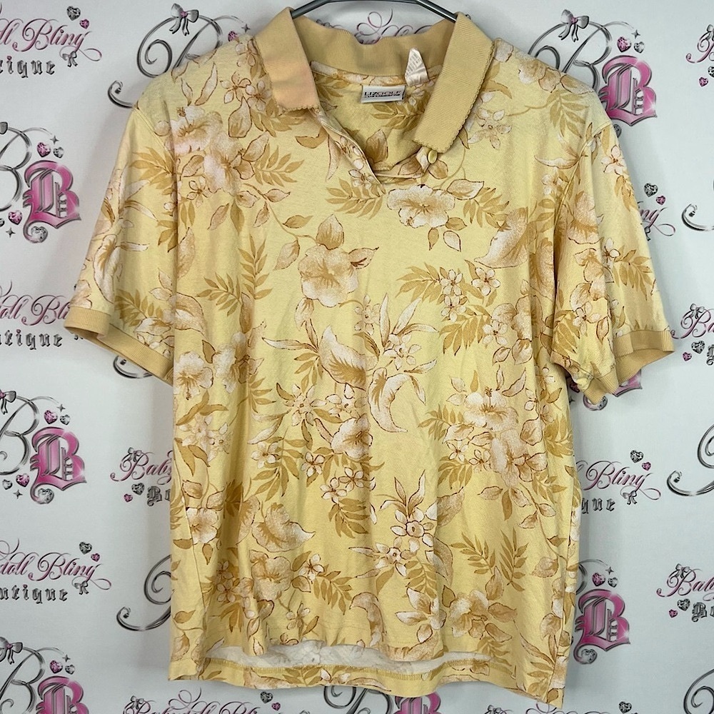 Liz Claiborne golf collared flowers Yellow Floral Polo Shirt